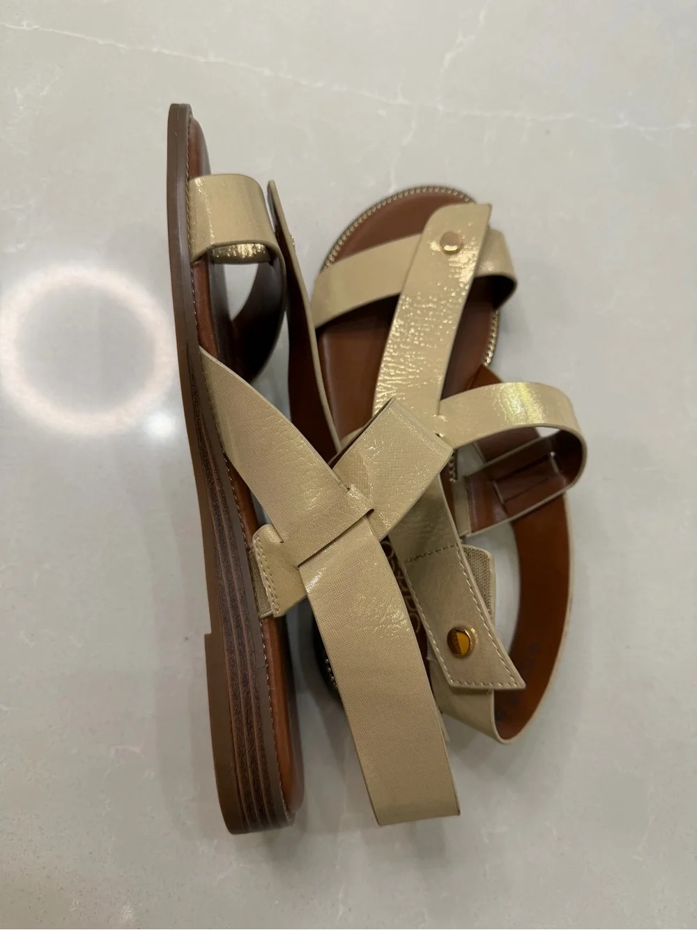 Franco Sarto Glenni Sparkle Cream Strappy Ankle Strap Flat Gold Hardware, 8